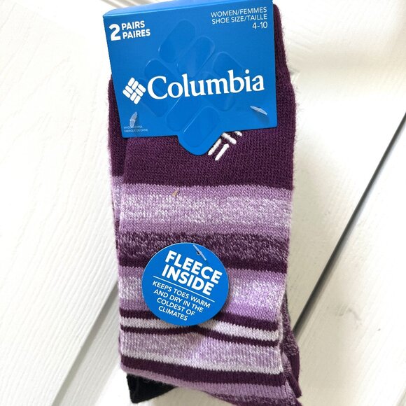 NWT LADIES SIZE 4-10 SET OF 2 COLUMBIA FLEECE INSIDE SOCKS PURPLE BLACK NEW - Picture 1 of 2